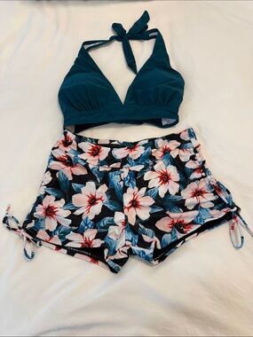 Teal Halter Bikini Top with Floral Swim Shorts Small